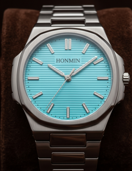 HONMIN Turquoise Blue Textured Dial Stainless Steel Watch
